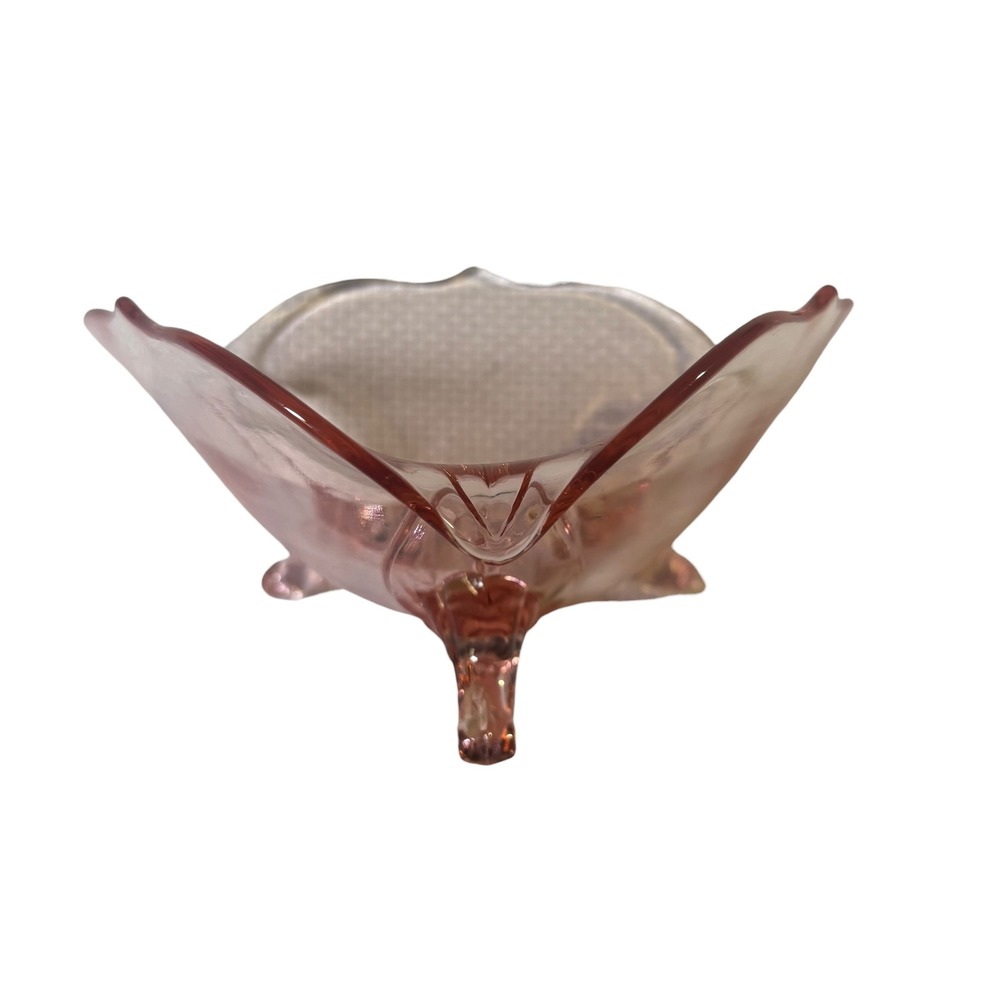 Pink Depression Glass Footed Bowl Scalloped Ruffled Edge Triangular 7.5in VTG